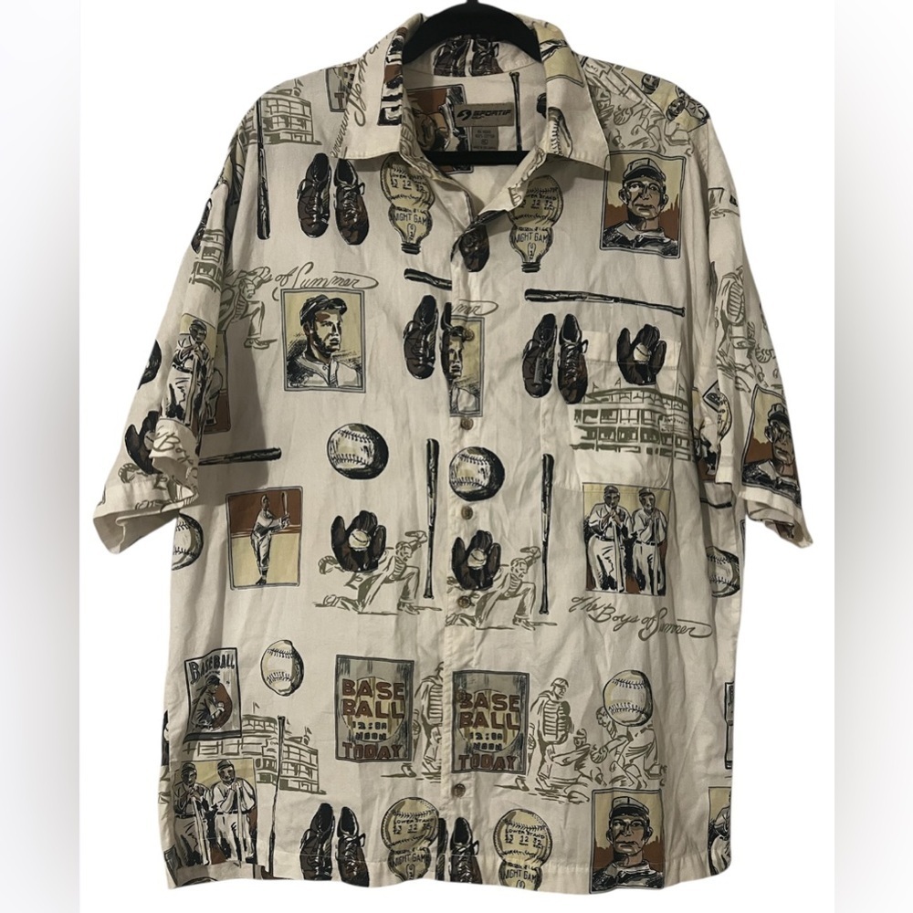 Sportif USA Baseball Novelty Vintage Style Print Button Up Shirt